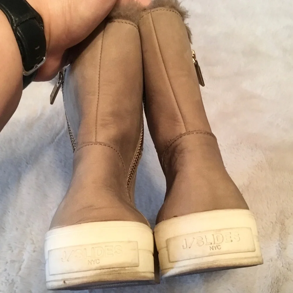 J/Slides Henley Leather & Faux Fur Taupe Waterproof Ankle Boots  - Size 8.5